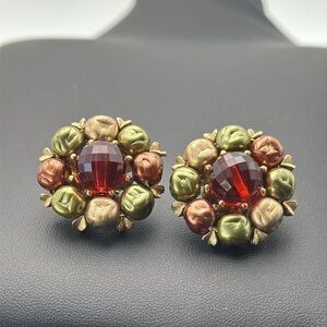 Vintage beautiful earth tone cluster flower clip on statement earrings
